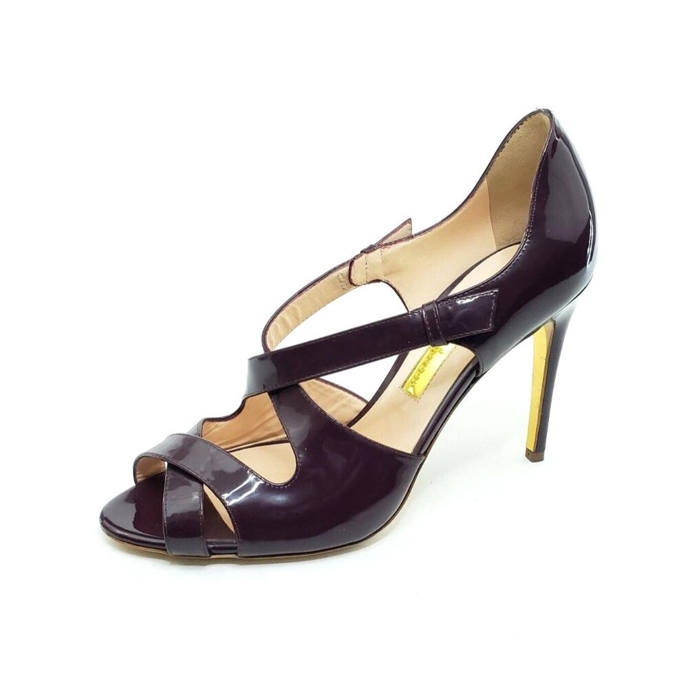 Rupert Sanderson Cross Strap Peep Toe Patent Leather Sandal Heel Womens US 8